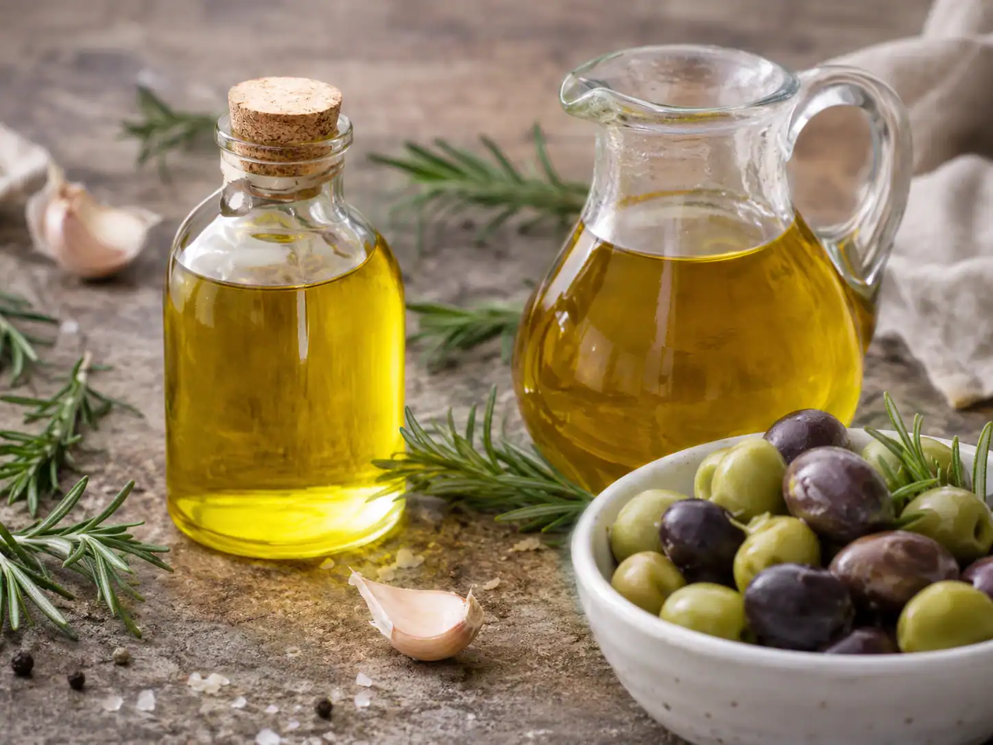 Extra virgin olive oil with olives, rosemary and garlic on a Mediterranean table