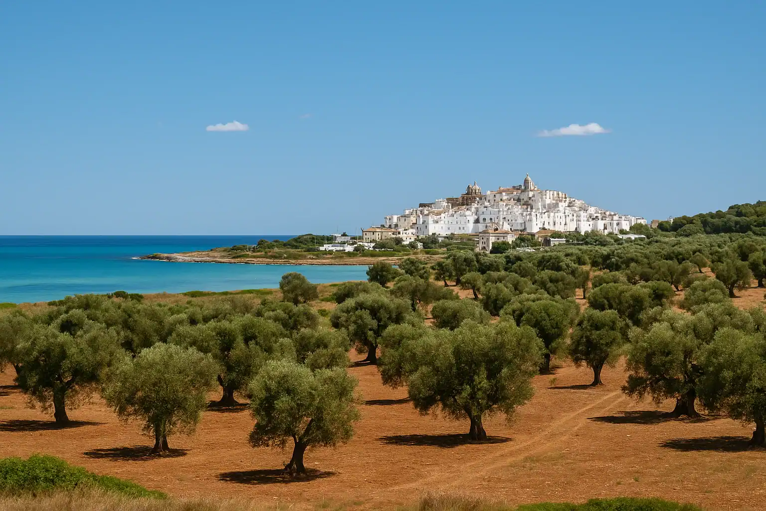Puglia Slow Travel Guide — Olive groves, turquoise coastline and a whitewashed hilltop town in Italy, under a clear blue sky.