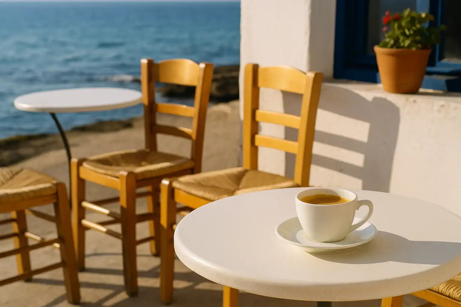 A quiet Mediterranean seaside café table with a cup of coffee in warm morning light.