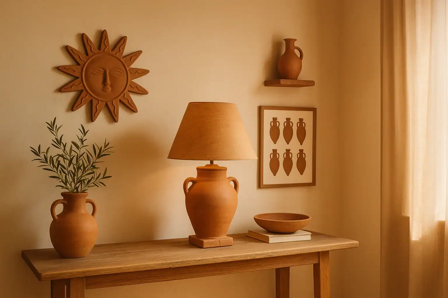 Warm Mediterranean décor with terra-cotta style vases, lamp, sun wall art, and natural textures in soft sunlight.