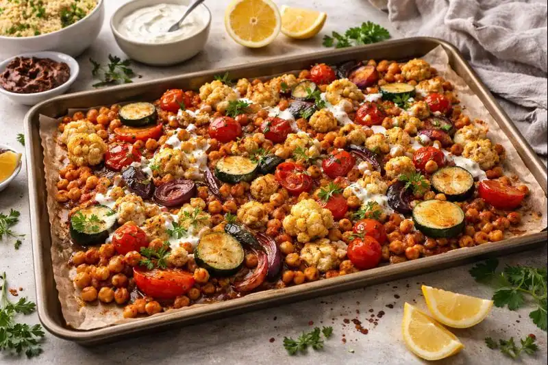 Harissa Chickpea & Veggie Tray Bake — Spicy, Crispy, Weeknight Easy