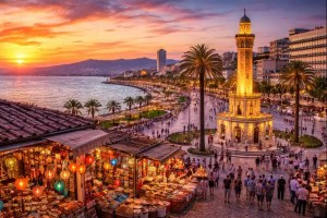 Izmir in 24 Hours seafront at sunset with the Clock Tower and palm-lined promenade