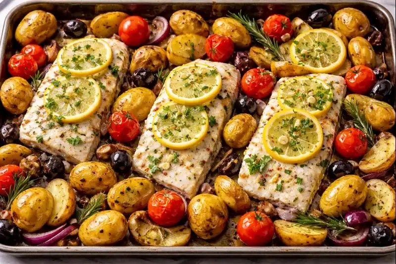 Lemon-Garlic White Fish with Potatoes — Sheet-Pan Mediterranean Dinner