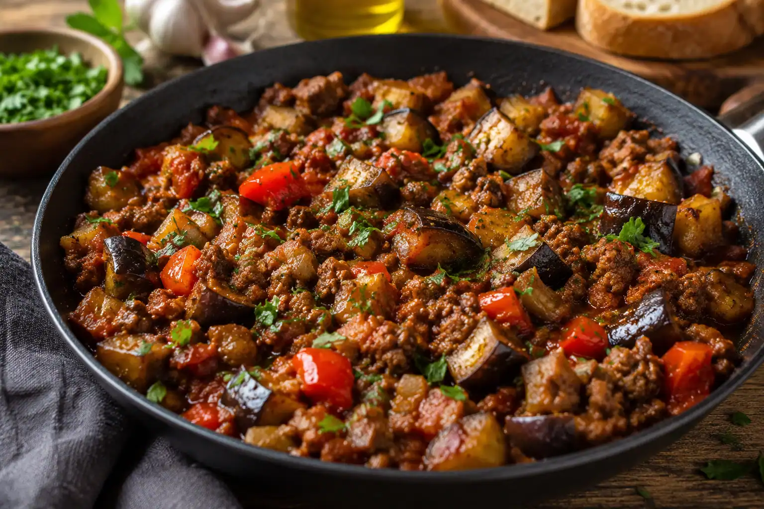 Mediterranean beef and eggplant skillet with tomatoes, herbs and olive oil