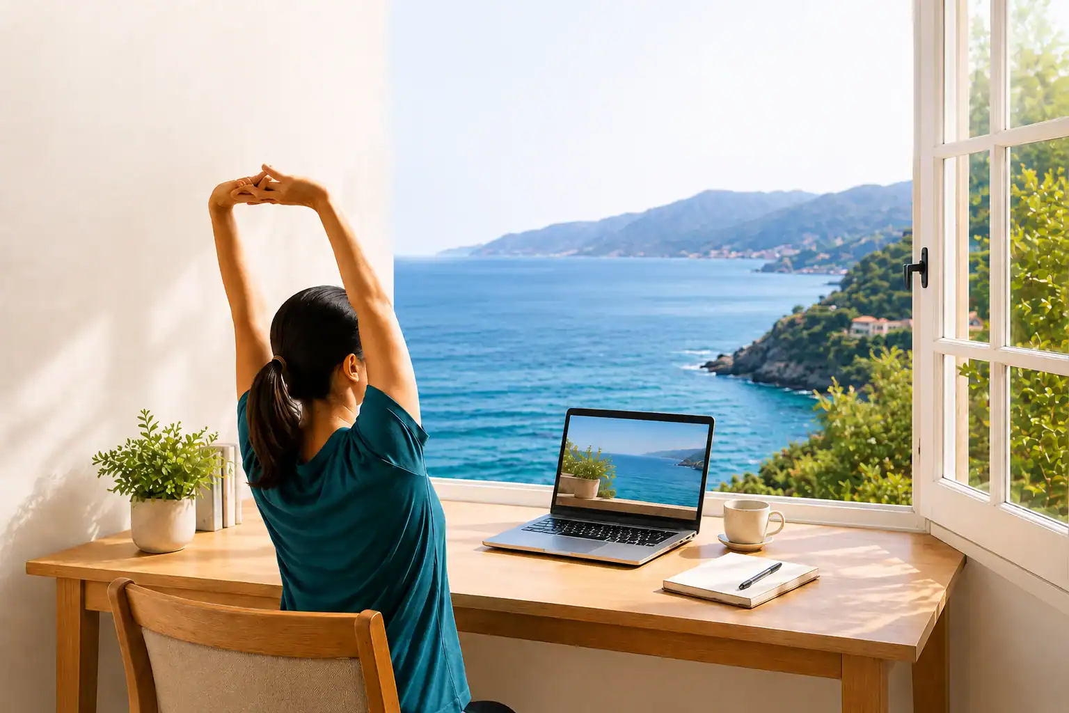 A woman stretching at a desk by an open window with a Mediterranean sea view