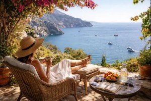 Mediterranean pause on a quiet terrace by the sea, with soft light, calm water and a moment of rest