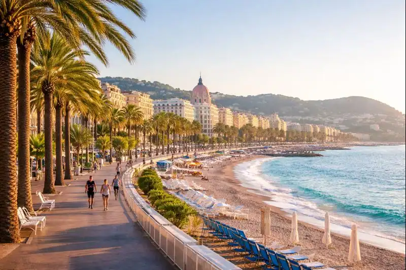 Morning light along the Promenade des Anglais in Nice before the beach crowds arrive