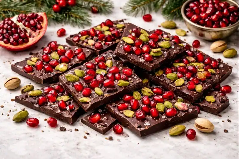 Pomegranate Chocolate Bark with Pistachios — Holiday Mediterranean Treat