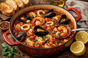 Sardinian tomato seafood stew with shrimp, mussels and fish in a rich tomato broth