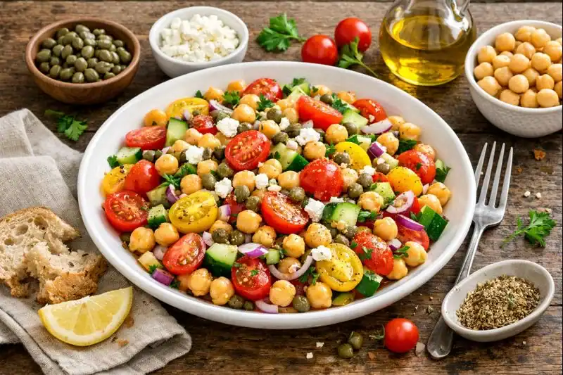 Tomato & Caper Chickpea Salad — Pantry-Friendly Mediterranean Bowl