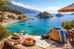 Island hops in the Peloponnese with small boats crossing clear blue water near the coast