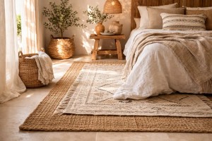 Layering natural fiber rugs Mediterranean style in a bright bedroom with jute base rug and woven wool accent rug