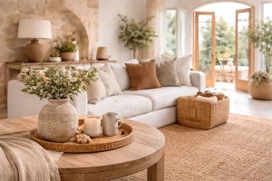 Linen, wood and stone textures in a Mediterranean living room with soft natural light