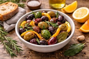 Marinated olives with citrus peel in a rustic bowl with olive oil, herbs, and bread on a wooden table