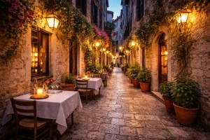 old town evenings in Split with quiet stone alleys and warm lantern light
