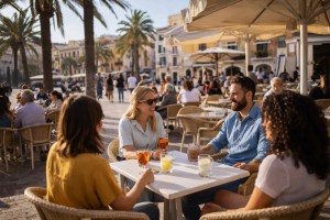 Friends sitting together at a sunny outdoor café in a Mediterranean town during spring