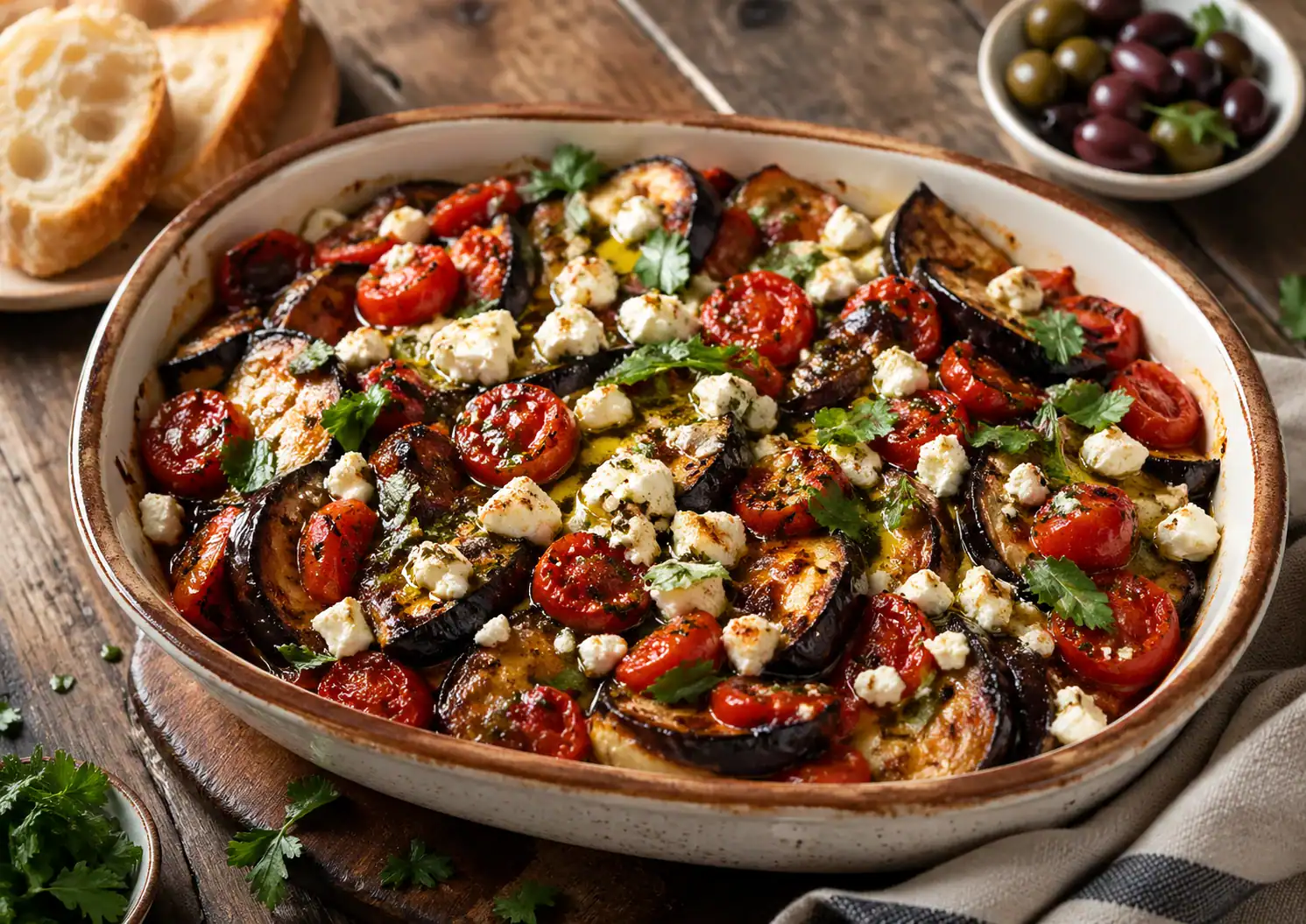 Mediterranean baked eggplant with tomatoes, feta, olive oil and fresh herbs in a rustic serving dish