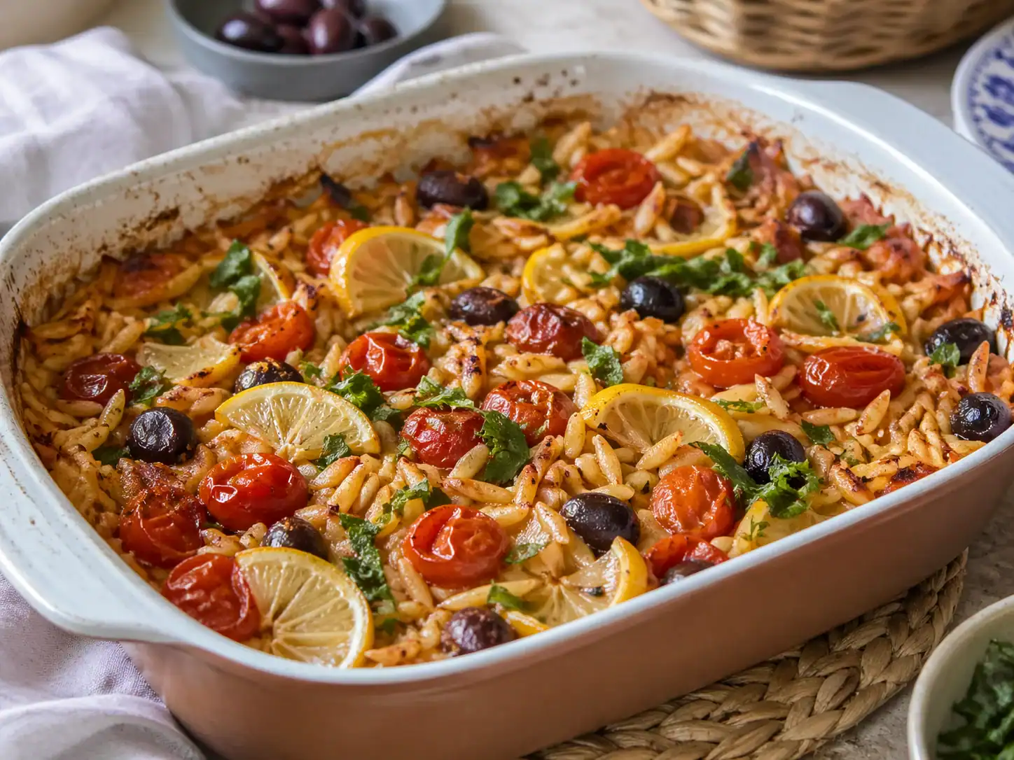 Baked Mediterranean orzo with tomatoes, olives, lemon and herbs in a rustic baking dish