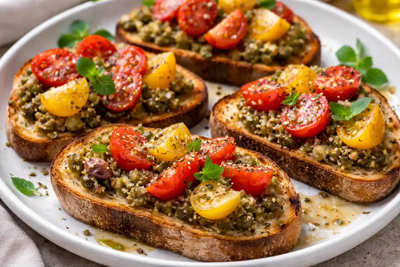 Tomatoes on Toast with Crushed Olives and Oregano