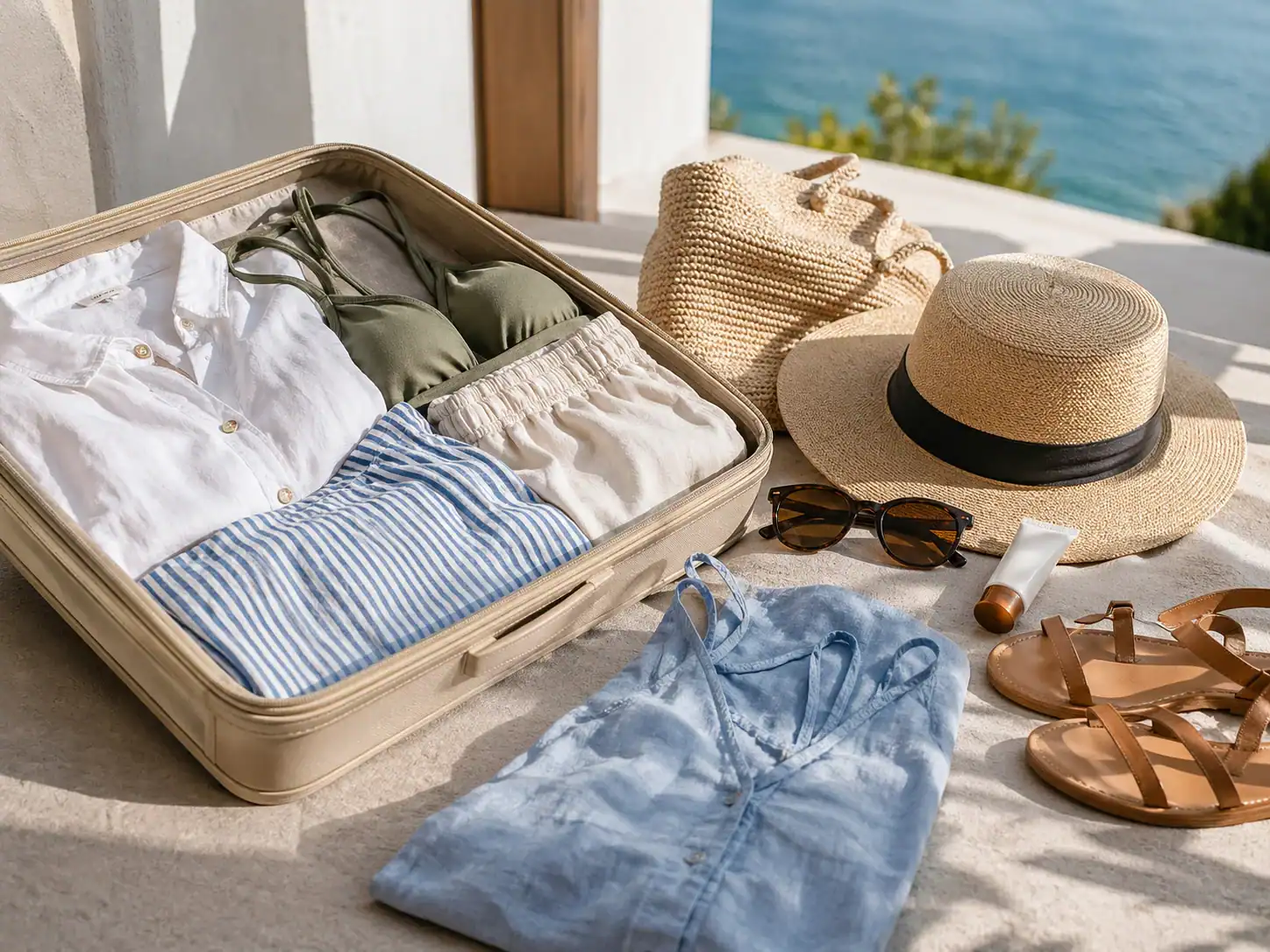 light Mediterranean travel clothes, sandals, sun hat and beach bag prepared for an early June trip