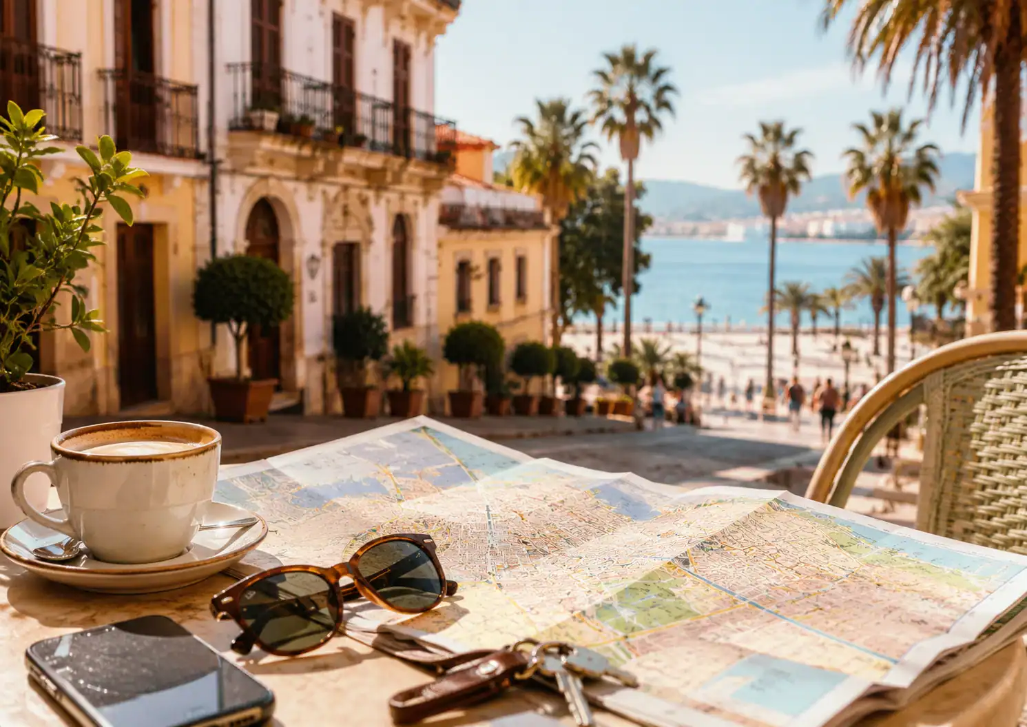Map and coffee on a small table near a sunny Málaga street before a short city break