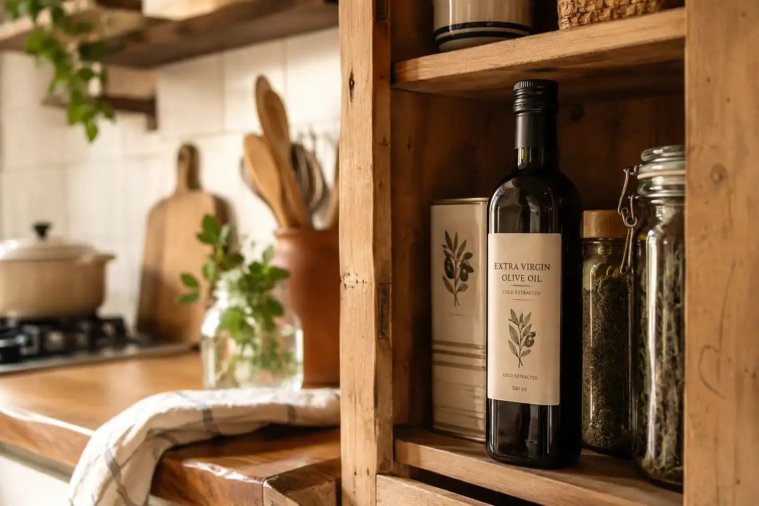 Dark bottle of olive oil stored in a wooden kitchen cupboard away from the stove