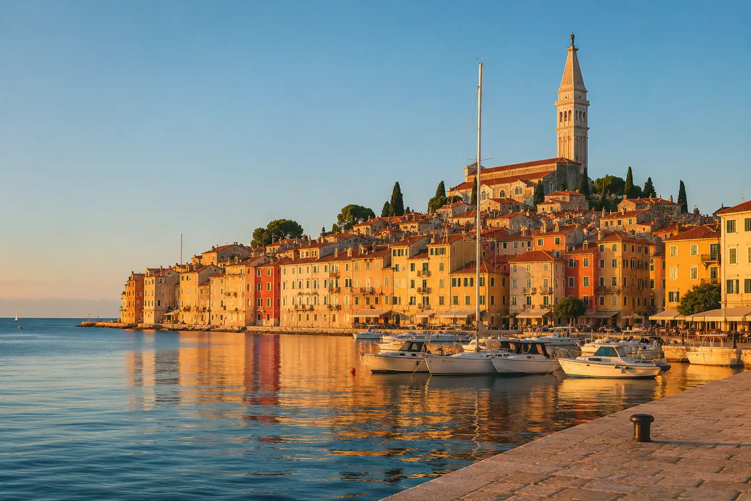 Rovinj harbor and old town in June with boats, stone houses and calm coastal light