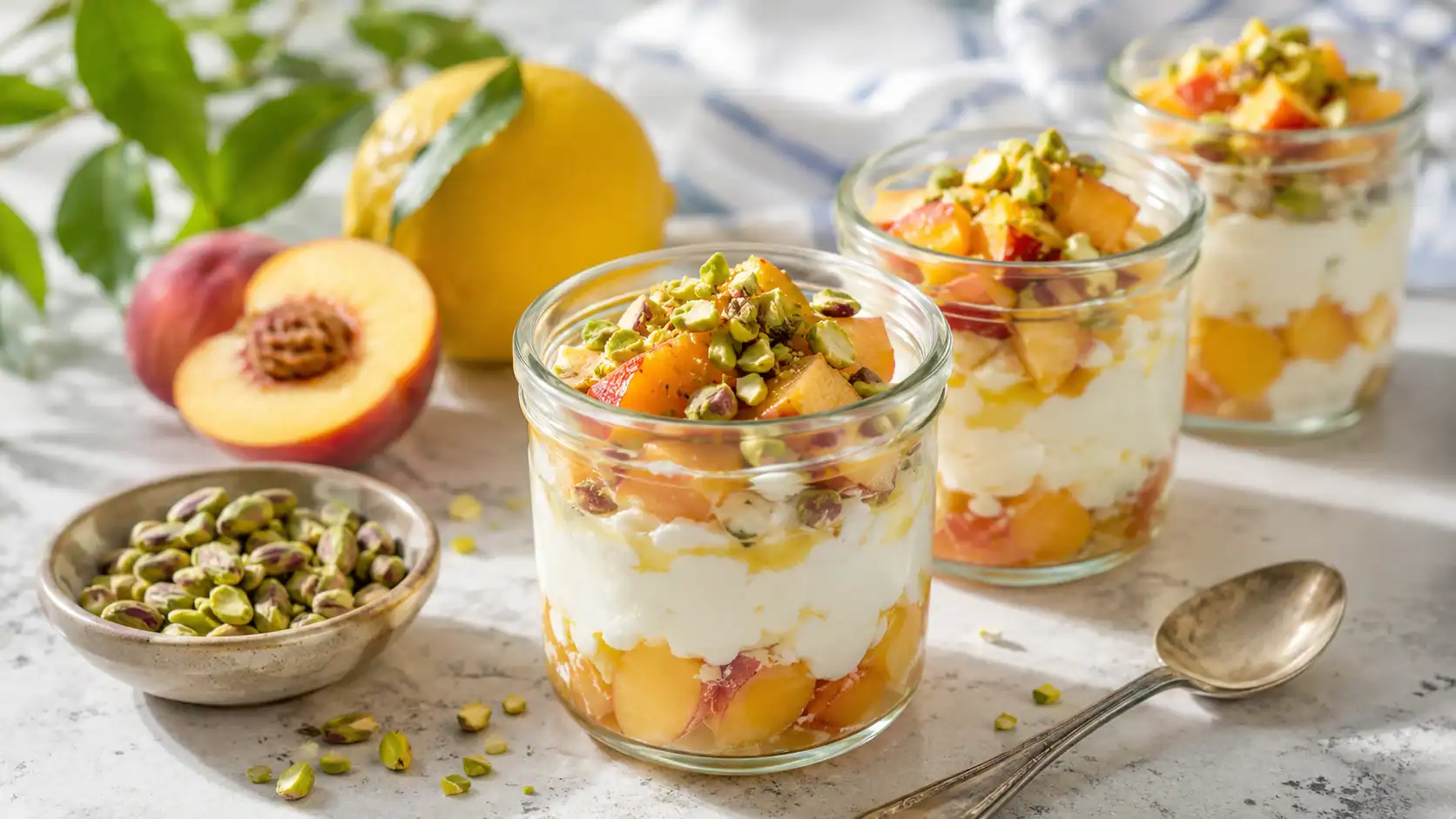 Lemon Yogurt Breakfast Jars with Peaches and Pistachios for Hot Mornings