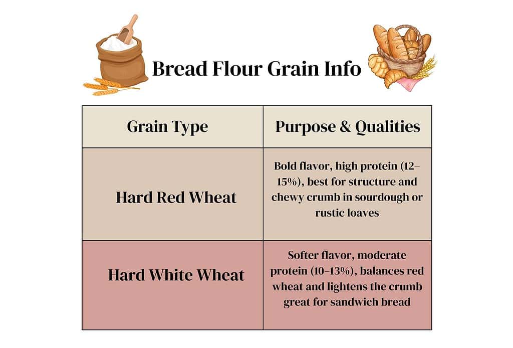 A two-column table titled “Bread Flour Grain Info” featuring two types of wheat: Hard Red Wheat and Hard White Wheat. Each row includes the grain type and its purpose and qualities. Hard Red Wheat is described as bold in flavor with high protein (12–15%), ideal for structure and chewy crumb in sourdough or rustic loaves. Hard White Wheat has a softer flavor and moderate protein (10–13%), balancing red wheat and lightening the crumb, making it great for sandwich bread. Decorative illustrations of a flour sack with wheat and a basket of bread are placed in the corners.