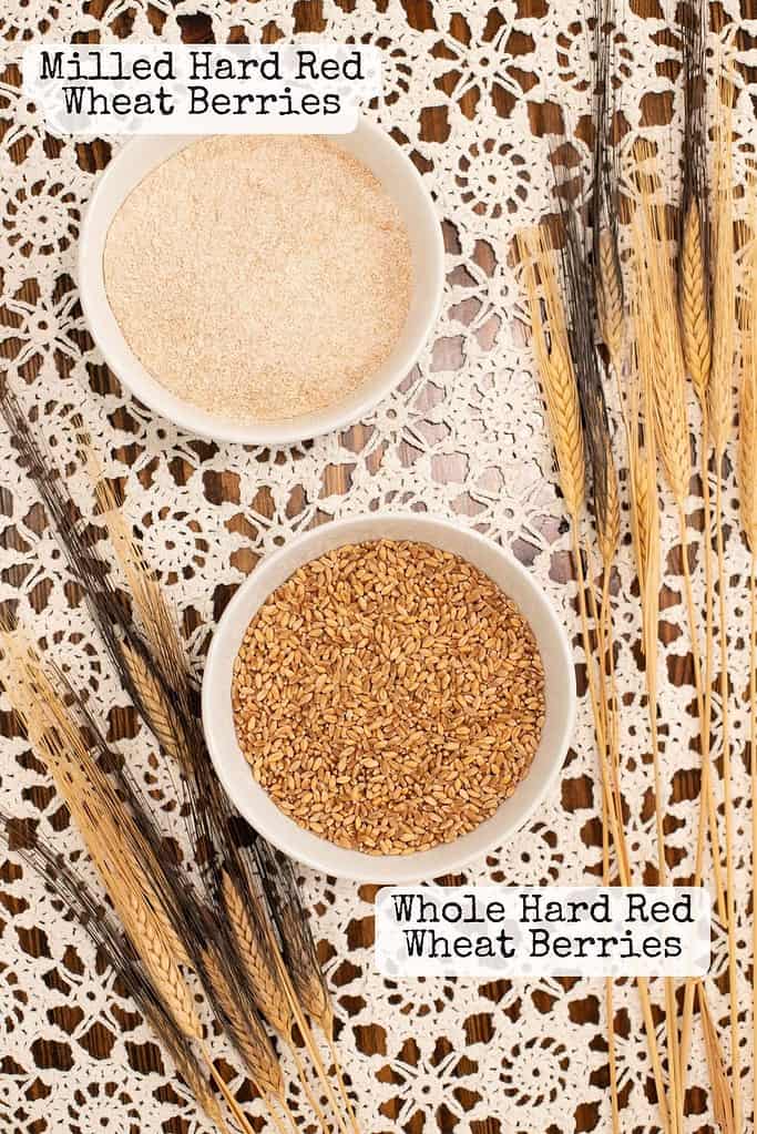 Two white bowls on a lace tablecloth: the top bowl contains finely milled hard red wheat flour, and the bottom bowl holds whole hard red wheat berries. Several stalks of wheat, including dark and golden heads, are arranged along the sides.