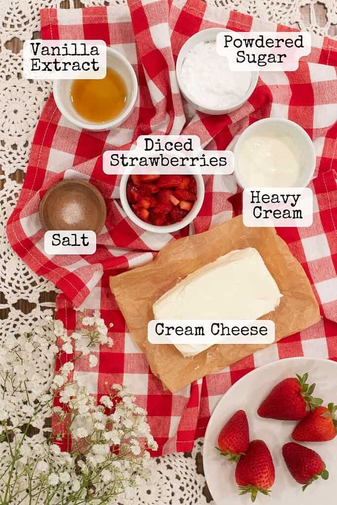 Ingredients for whipped strawberry cream cheese laid out on a red gingham cloth and white lace tablecloth. Includes cream cheese, chopped strawberries, powdered sugar, vanilla, yogurt, and salt.