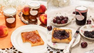 Side-by-side image comparing two breakfast spreads — on the left, a slice of toast with peach preserves and labeled mason jars surrounded by fresh peaches on an orange cloth; on the right, a slice of toast with cherry jam, a jar labeled “Cherry Jam,” fresh cherries, and floral dishes on a beige linen and lace tablecloth.