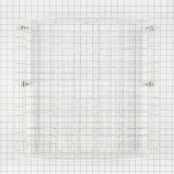 A clear metal wire shelving basket suitable for garage, workshop, or storage organization. Durable and versatile storage solution for tools, supplies, and more.