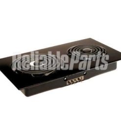 Stovetop with two burners, black glass surface, ideal for kitchen appliances and replacement parts.