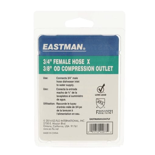 3/4-inch female hose x 3/8-inch OD compression outlet fitting for water supply connections.