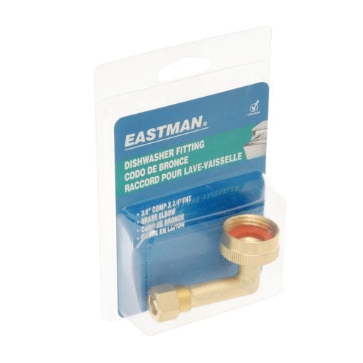 Brass dishwasher fitting for plumbing repair, 3/8-inch compression size, durable and reliable component for dishwashers, packaged in clear plastic with blue and green labeling.