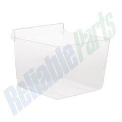 Clear refrigerator crisper vegetable drawer for appliance parts and repair.