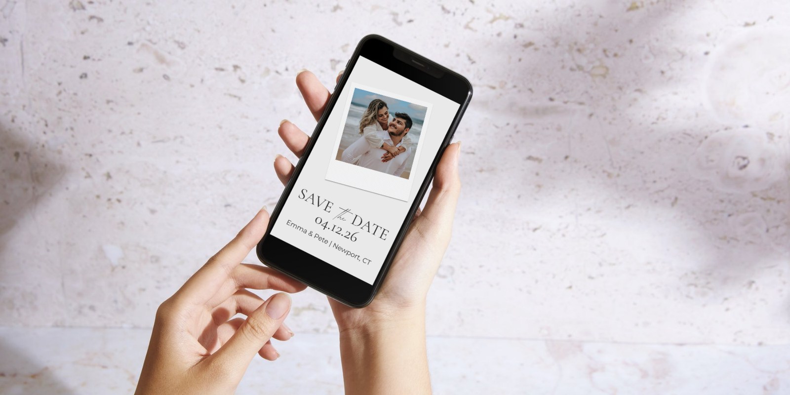 Save the date digital invitation for wedding announcement on smartphone, modern wedding invite for Emma & Pete, Newport CT.