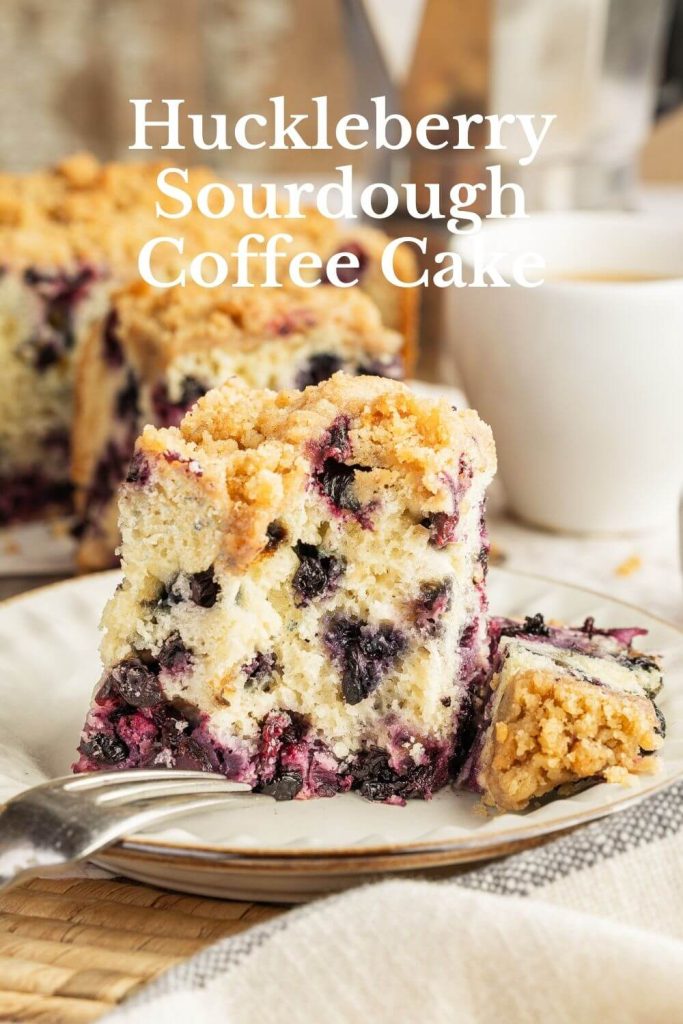 pinterest image of huckleberry sourdough coffee cake with crumb topping.