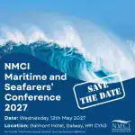 Wave crashing with conference details for NMCI Maritime and Seafarers' Conference 2027.