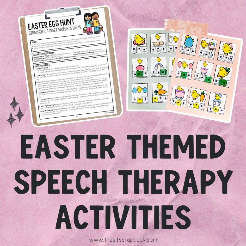Blogpost header image- purple crumpled paper background. Text reads "Easter Themed Speech Therapy Activities" and two pictures above show handouts and activities.