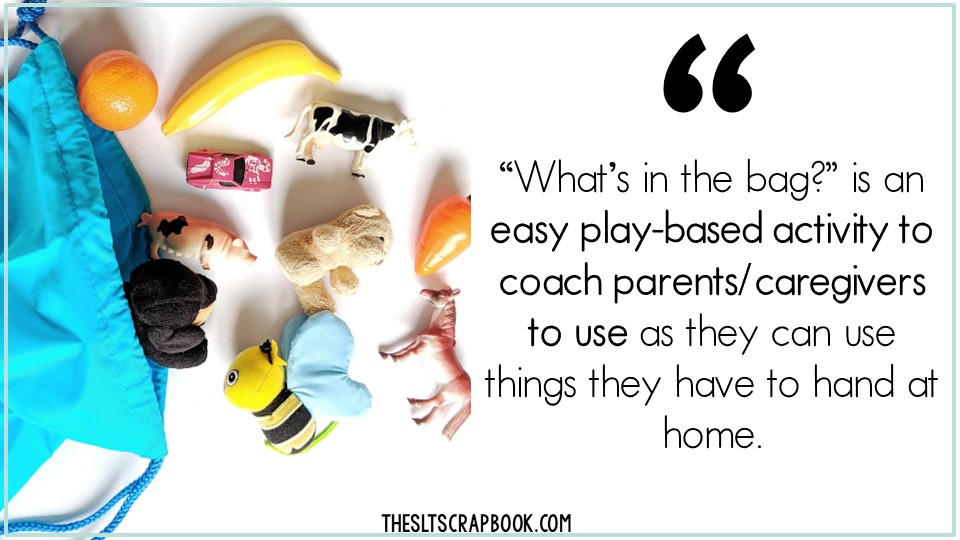 Picture of a blue drawstring bag with toys scattered around on a white surface. Text quote taken from blog post about using "what's in thebag" activities in coaching sessions.