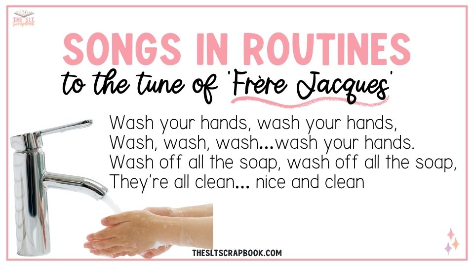 Pink text in all caps reads "Songs in routines", text in script font reads 'to the tune of Frere Jacque'. On the left is a photo of a child's hands under a faucet/tap. The lyrics read: Wash your hands, wash your hands, Wash, wash, wash…wash your hands. Wash off all the soap, wash off all the soap, They’re all clean… nice and clean"