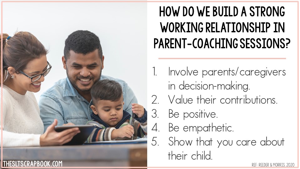 Picture of female therapist talking with father while child sits on his lap. Text highlights the five points from the blog post about building a strong working relationship.