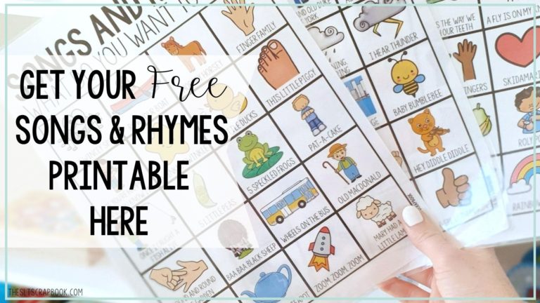 Image shows set of 60 visuals for songs and rhymes for early language skills. Text reads "Get your free songs and rhymes printable here".