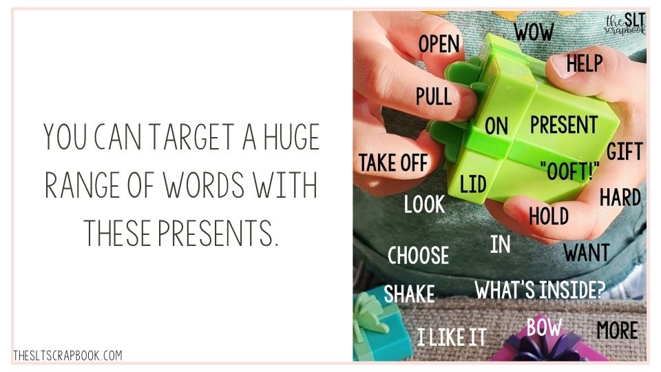 Picture of a child holding a green present from the Counting Surprise Party toy. There is a range of early words written on the picture. The main text reads "you can target a huge range of words with these presents".