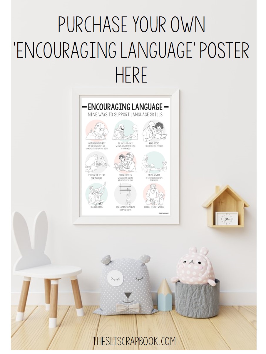 Picture of a friendly and appealing therapy room with a poster on the wall. The poster shows 9 ways to encourage early language. The text above reads "Purcahse your own 'Encouraging Language' poster here.