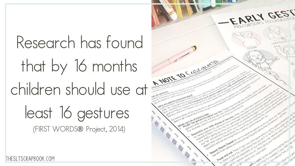 Text on the left reads "Research has found that by 16 months children should use at least 16 gestures (FIRST WORDS® Project, 2014)" On the right is a picture of a caregiver handout and a peek of the gestures poster with tips for encouraging the use of gestures in early intervention and at home.
