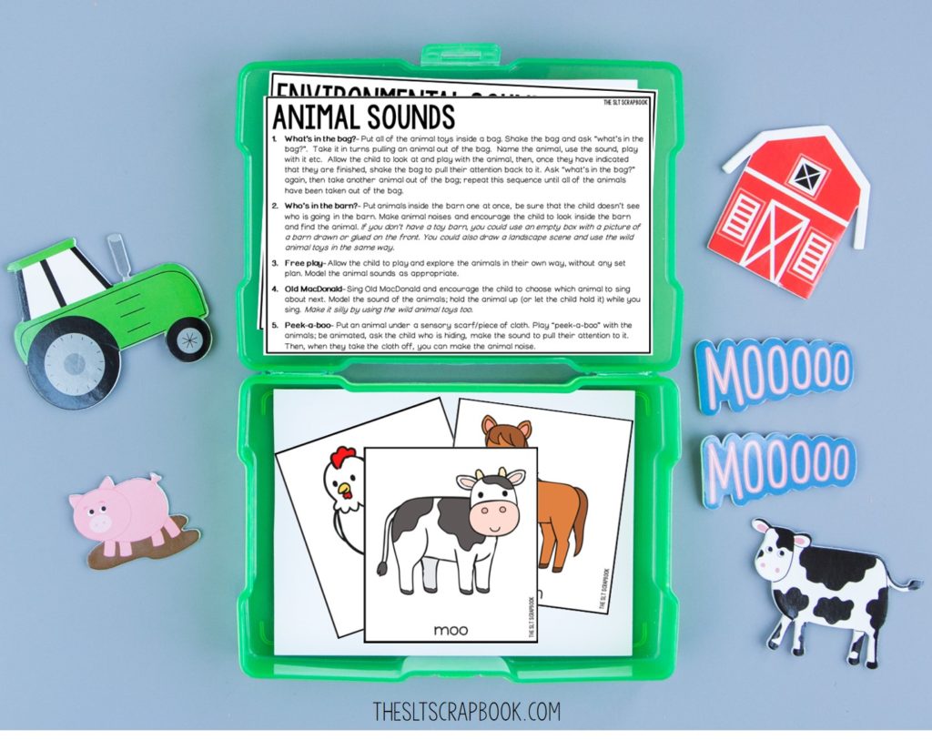 Picture of some activity ideas for encouraging animal sounds, with animal sound visuals, in a green task box. Taken from the Symbolic Sounds and Exclamatory Words resource from The SLT Scrapbook