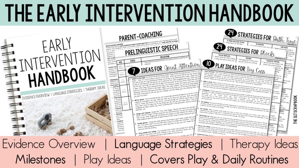 Cover slide showing the Early Intervention Handbook and things included. Text on a pink strip at the bottom reads "Evidence overview, language stratgies, therapy ideas, milestones, play ideas, covers play and daily routines". Images show various pages from the parent coaching sections.